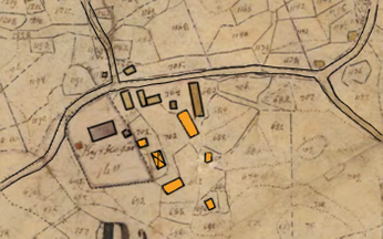 Karta över Kyrkebol, de gulmarkerade husen tillhörd förmodligen södra gården